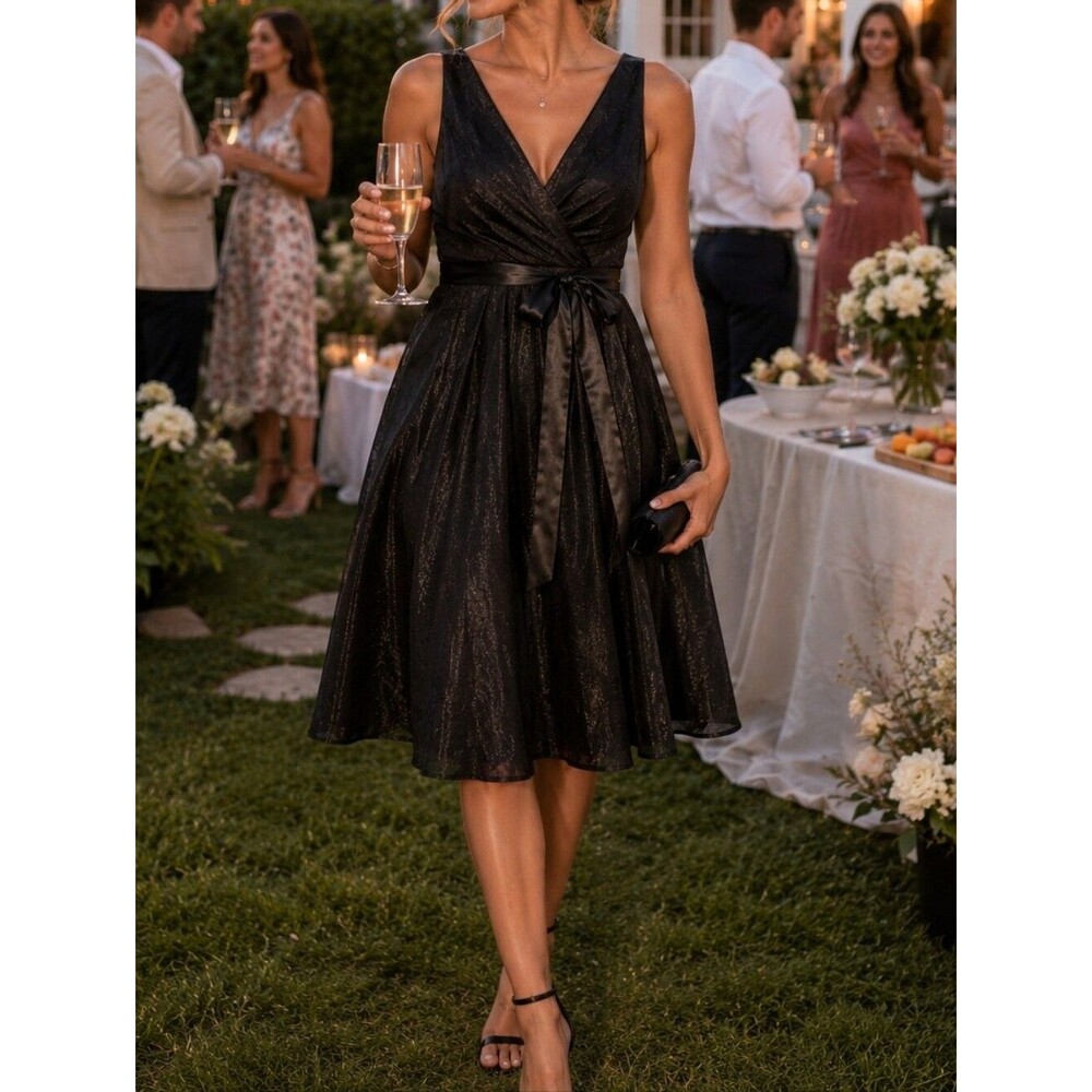 Black Sleeveless Pleated Fit & Flare Dress 14 Bow Vneck Lined Sparkly Semi Forma